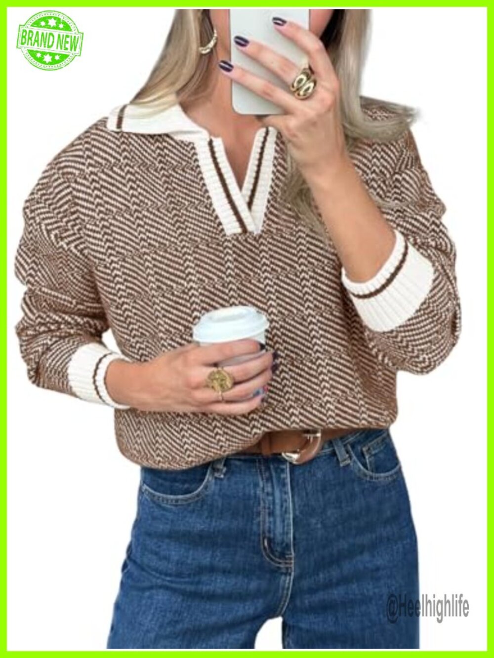 Womens Chunky Knit V Neck Color Block Sweater Pullover Long Sleeve